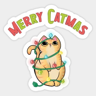 Merry Catmas Orange Tabby Cat wrapped in Christmas Lights Sticker